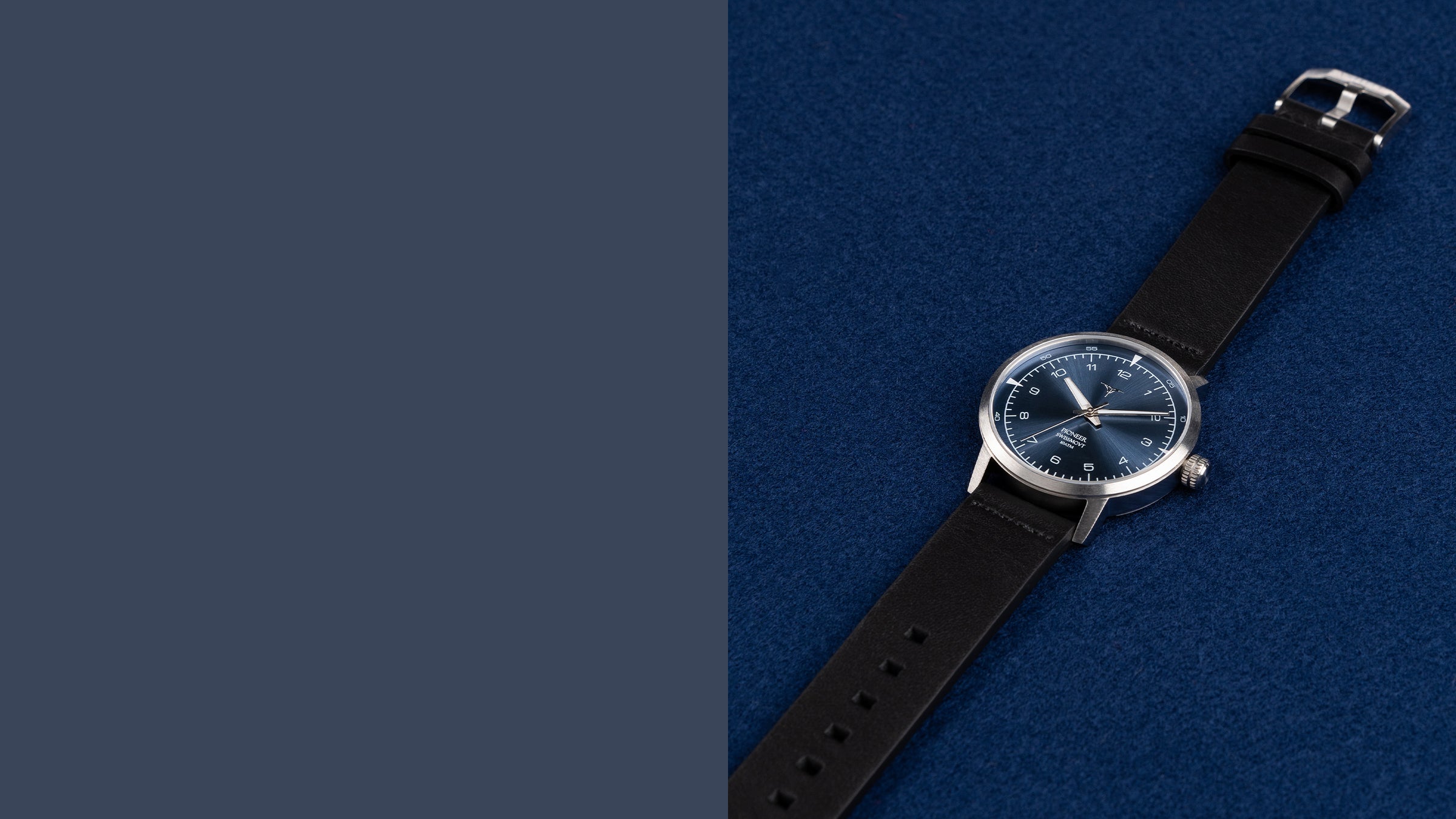 Sunray Blue dial Swiss Made quartz watches V-Pioneer with Black Horween Leather Straps | Vstelle Watch