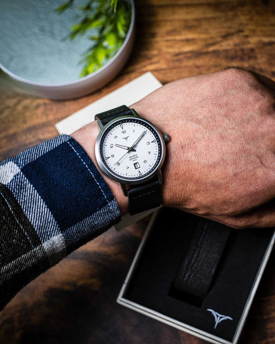 White dial automatic watches V-Apostle with Black Horween Leather Straps | Vstelle Watch