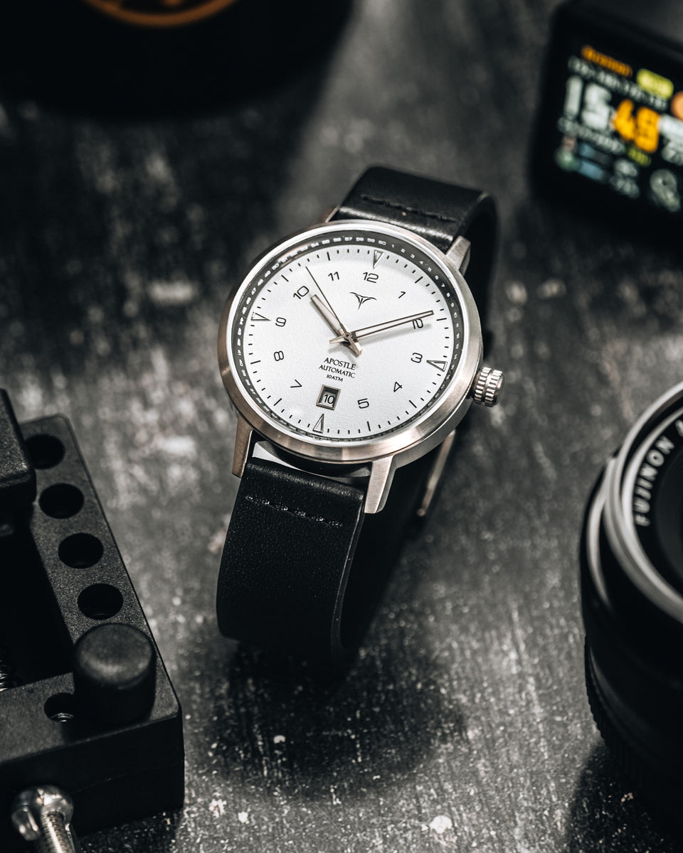 White dial automatic watches V-Apostle with Black Horween Leather Straps | Vstelle Watch