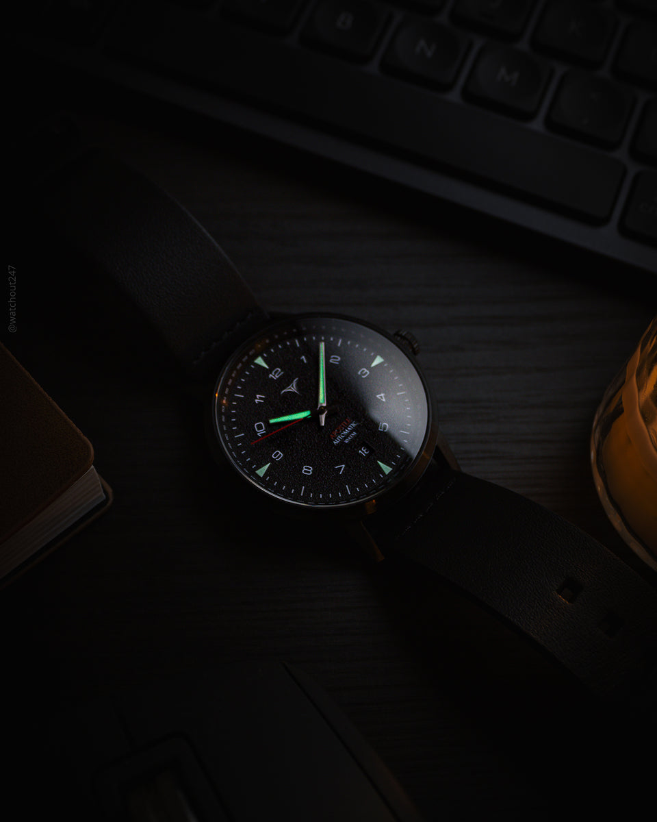 Black dial automatic watches V-Apostle with Black Horween Leather Straps | Vstelle Watch