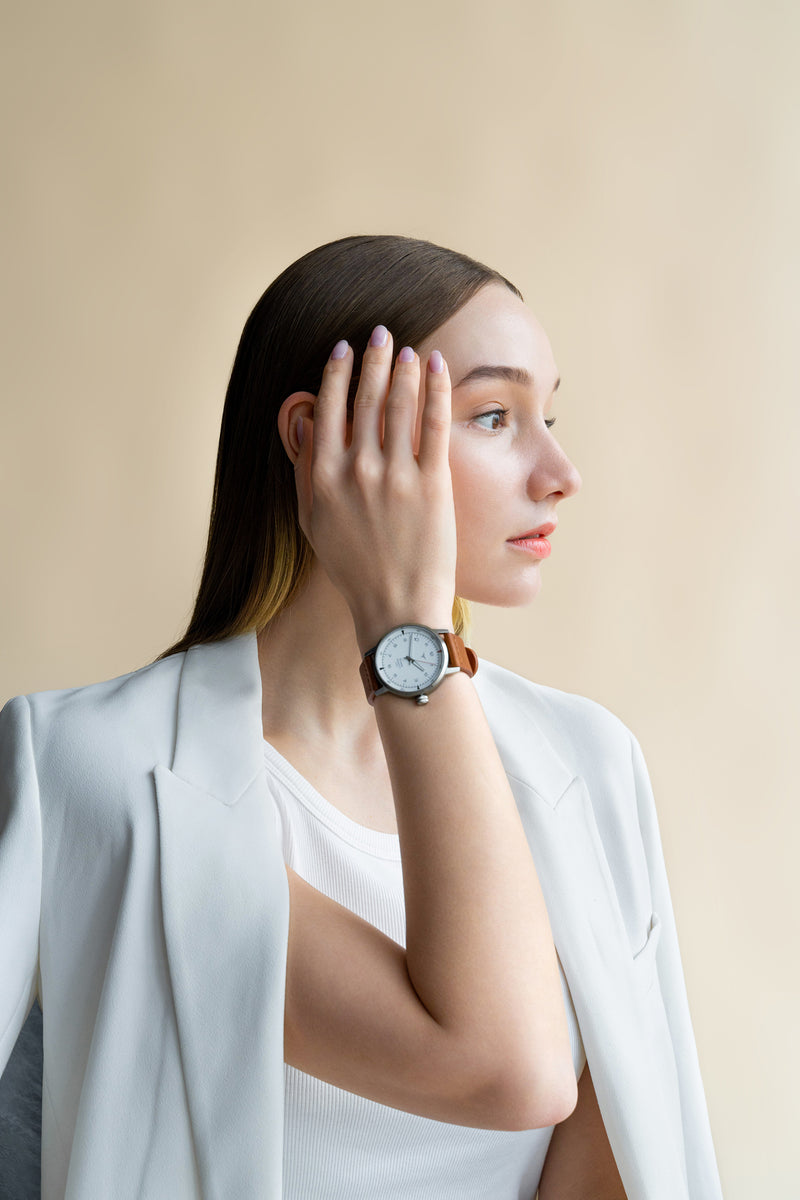 White dial Swiss Made quartz women watch V-Pioneer with Brown Horween Leather Straps | Vstelle Watch