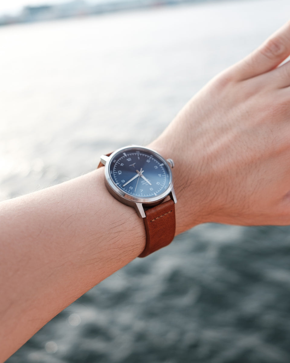 Sunray Blue dial Swiss Made quartz wrist watch V-Pioneer with Brown Horween Leather Straps | Vstelle Watch