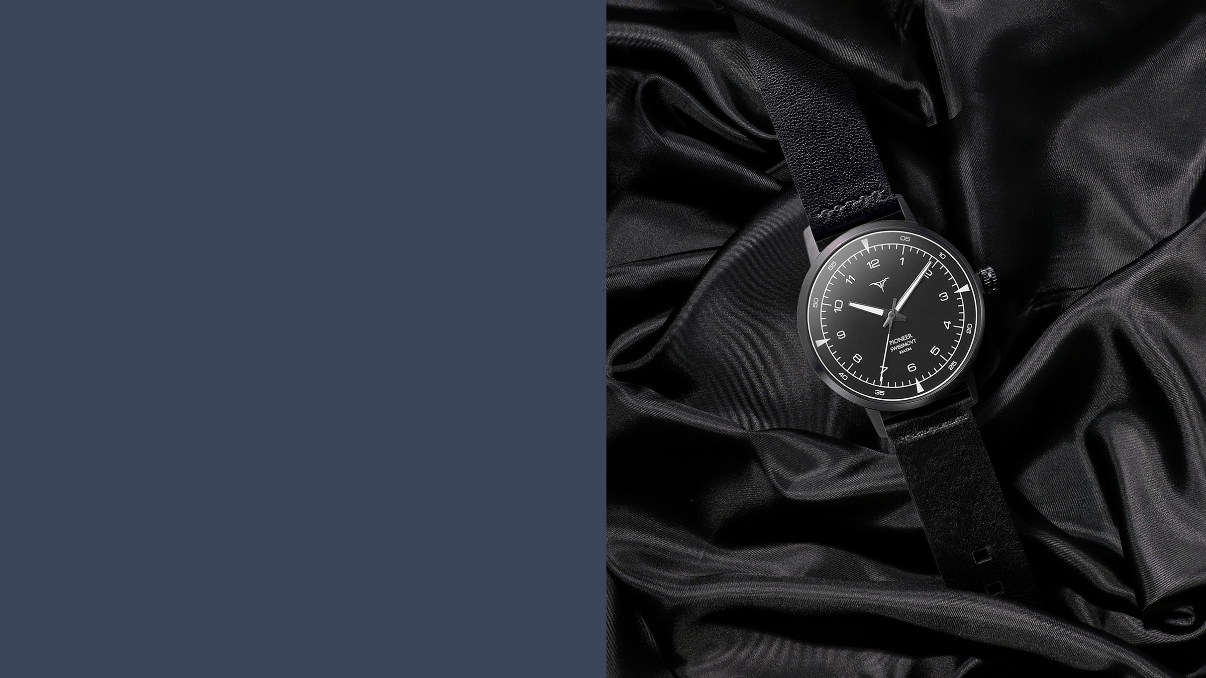 Black dial Swiss Made quartz wrist watches V-Pioneer with Black Horween Leather Straps | Vstelle Watch