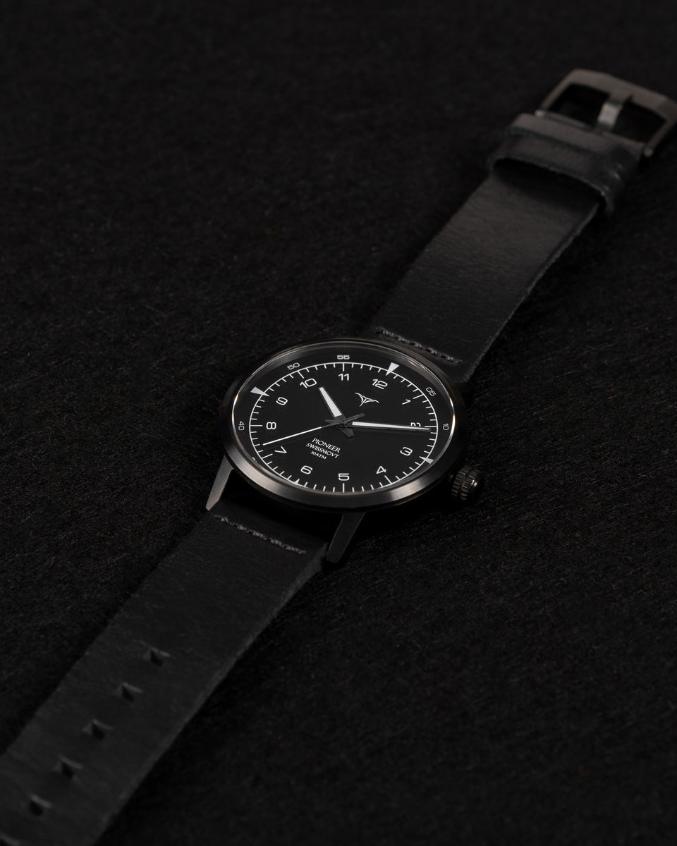 Black dial Swiss Made quartz wrist watches V-Pioneer with Black Horween Leather Straps | Vstelle Watch