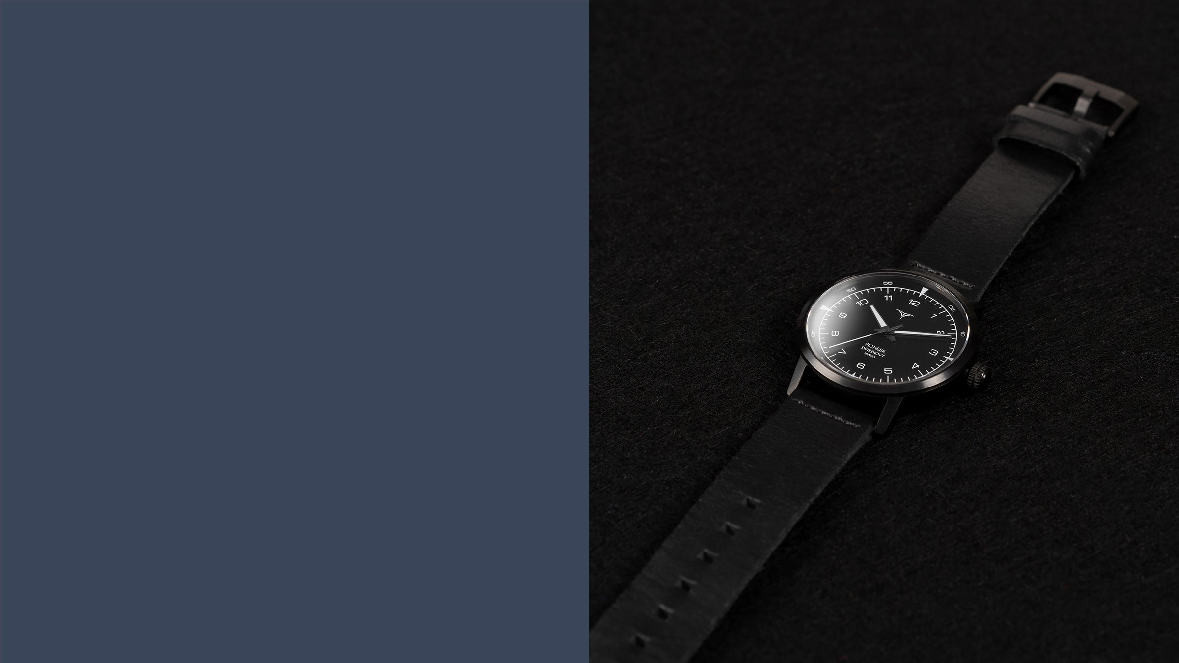 Black dial Swiss Made quartz wrist watches V-Pioneer with Black Horween Leather Straps | Vstelle Watch