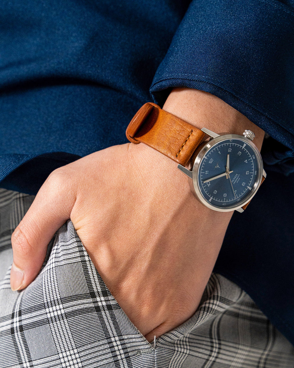 Sunray Blue dial Swiss Made quartz wrist watch V-Pioneer with Brown Horween Leather Straps | Vstelle Watch