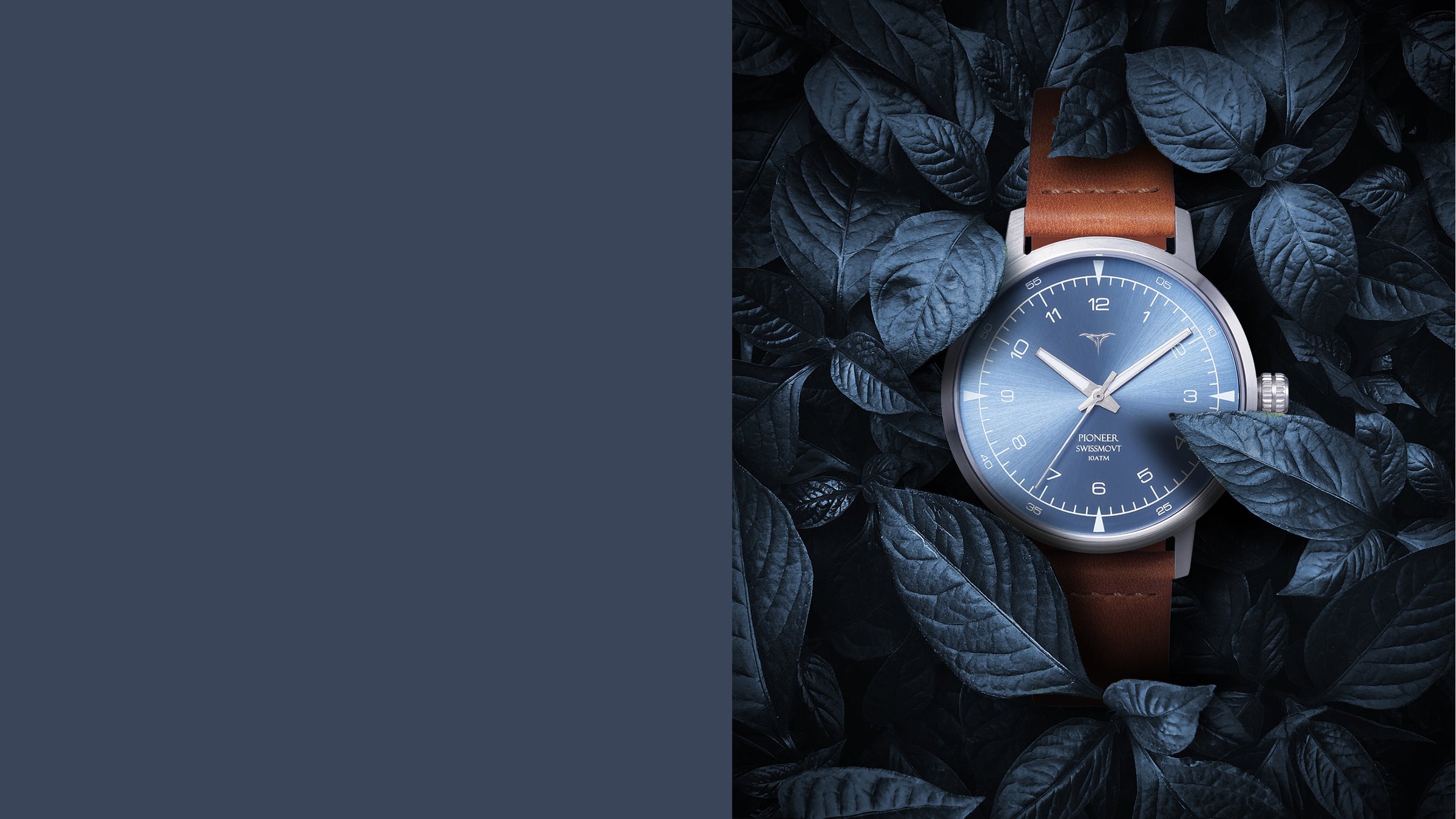 Sunray Blue dial Swiss Made quartz wrist watch V-Pioneer with Brown Horween Leather Straps | Vstelle Watch