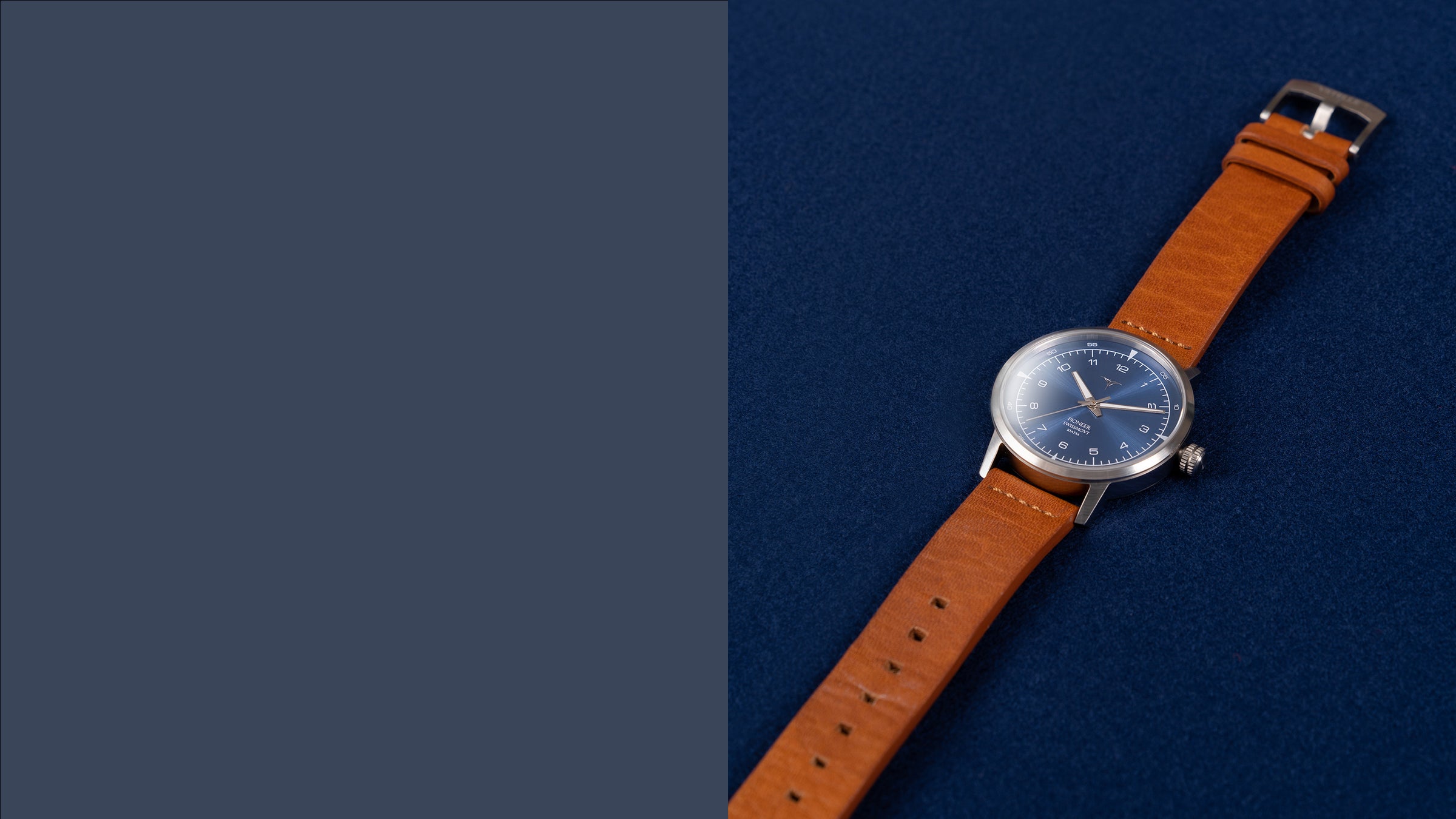 Sunray Blue dial Swiss Made quartz wrist watch V-Pioneer with Brown Horween Leather Straps | Vstelle Watch