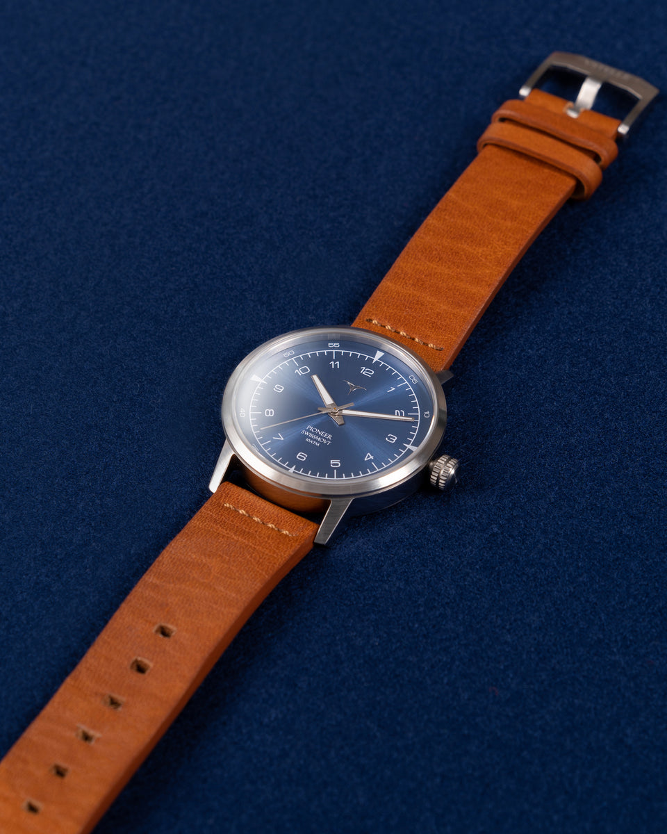 Sunray Blue dial Swiss Made quartz wrist watch V-Pioneer with Brown Horween Leather Straps | Vstelle Watch