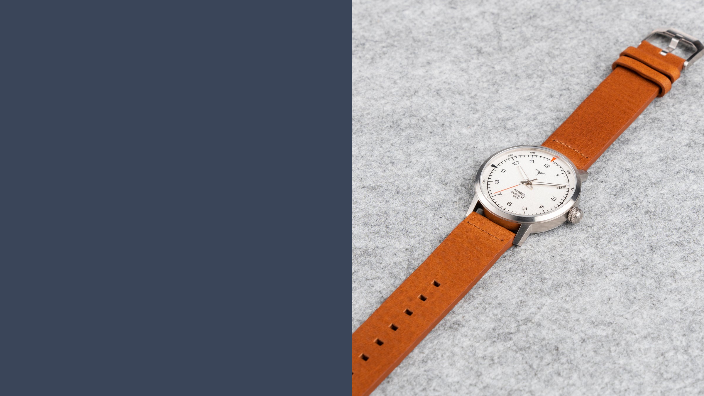 White dial Swiss Made quartz wrist watch V-Pioneer with Brown Horween Leather Straps | Vstelle Watch