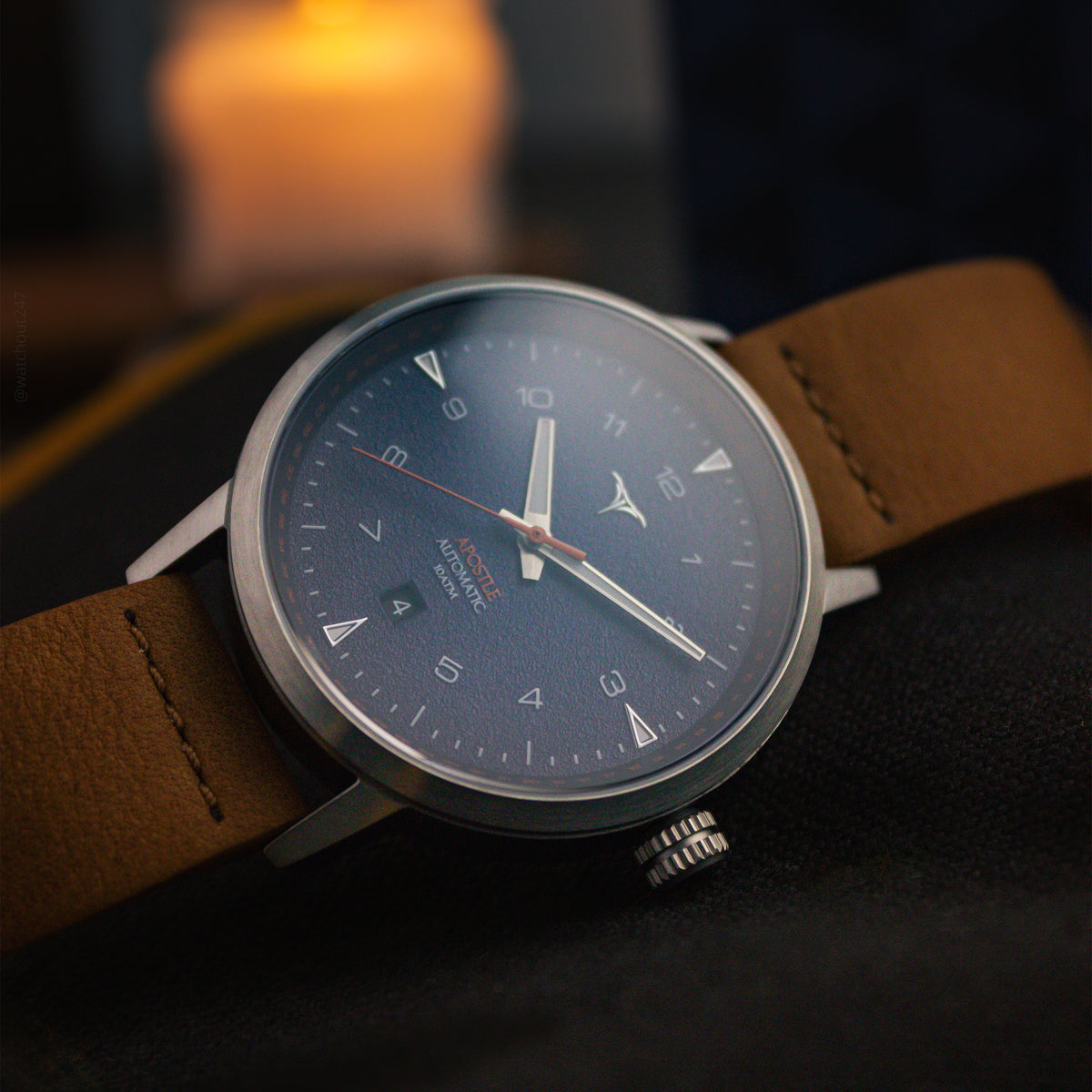 Blue dial automatic watches V-Apostle for men with Brown Horween Leather Straps | Vstelle Watch