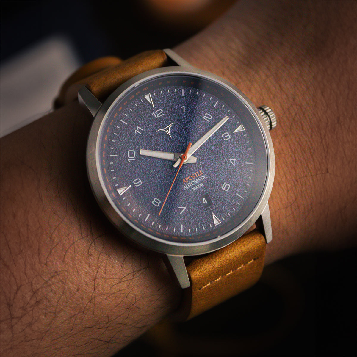 Blue dial automatic watches V-Apostle for men with Brown Horween Leather Straps | Vstelle Watch