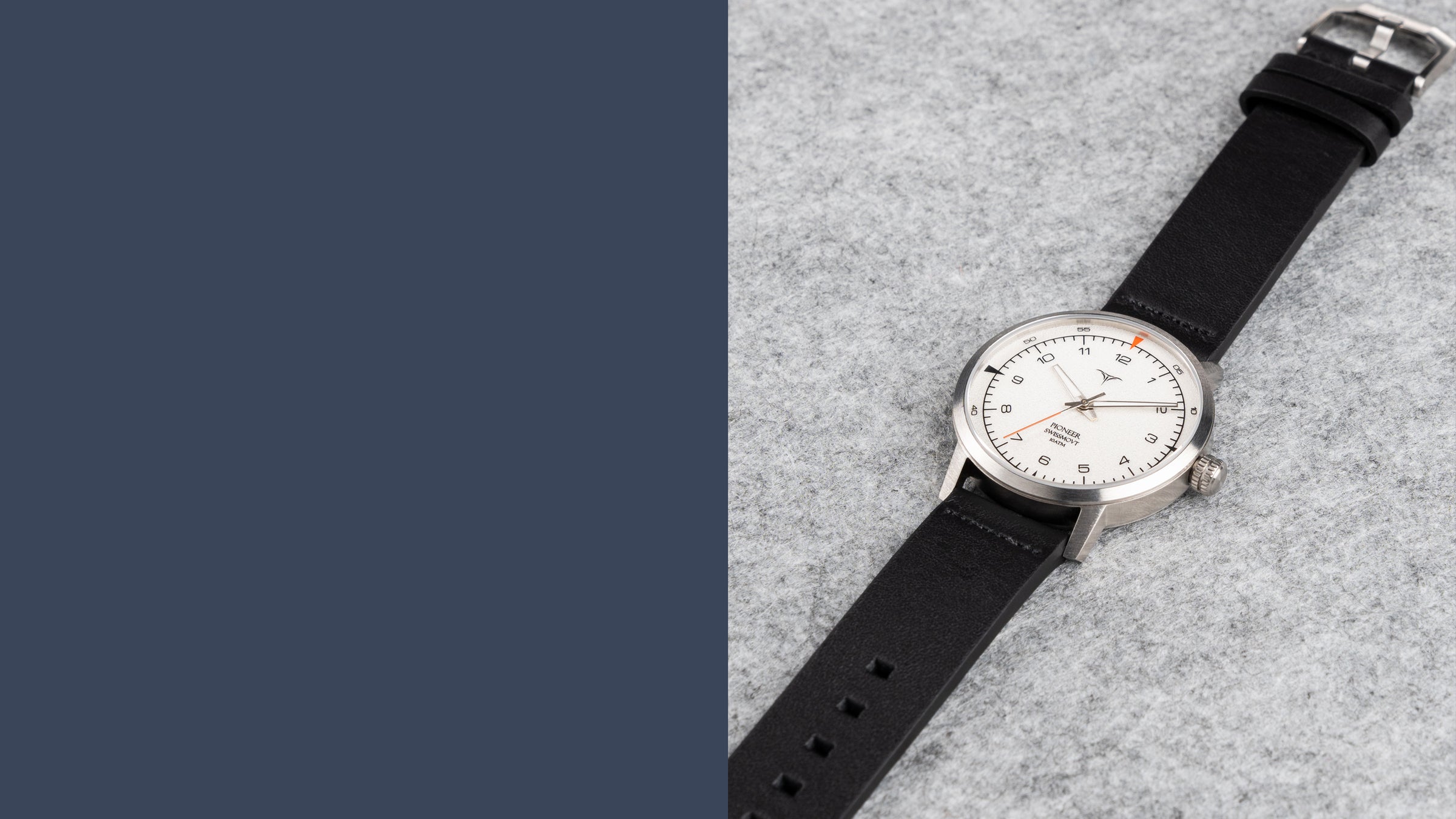 White dial Swiss Made quartz watches V-Pioneer with Black Horween Leather Straps | Vstelle Watch