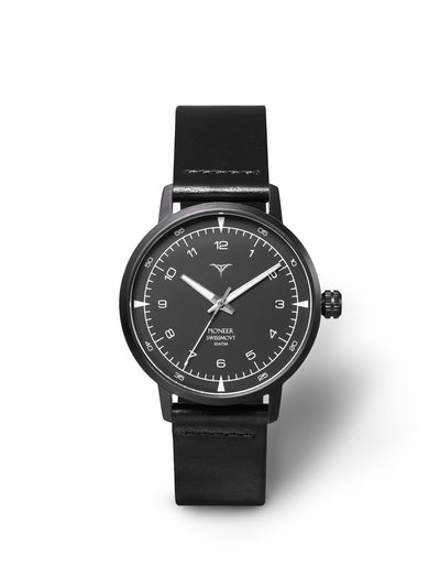 Black dial Swiss Made quartz watches V-Pioneer with Black Horween Leather Straps | Vstelle Watch