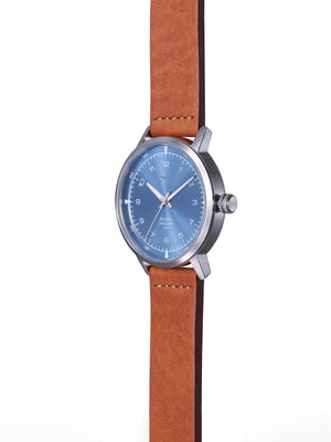 Sunray Blue dial Swiss Made quartz watches V-Pioneer with Brown Horween Leather Straps | Vstelle Watch