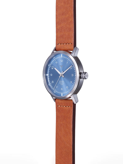 Sunray Blue dial Swiss Made quartz watches V-Pioneer with Brown Horween Leather Straps | Vstelle Watch