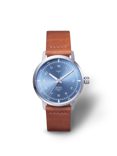 Sunray Blue dial Swiss Made quartz watches V-Pioneer with Brown Horween Leather Straps | Vstelle Watch