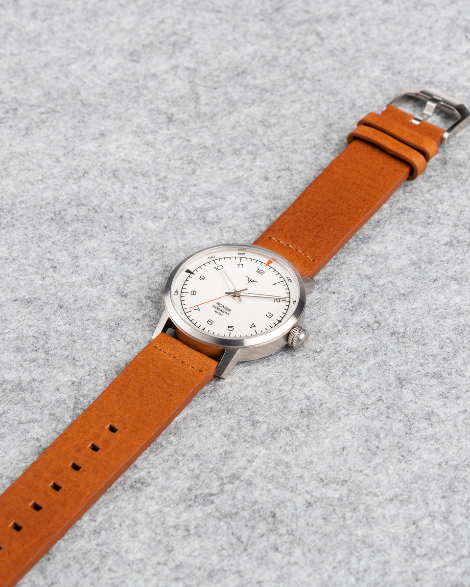 White dial Swiss Made quartz wrist watch V-Pioneer with Brown Horween Leather Straps | Vstelle Watch