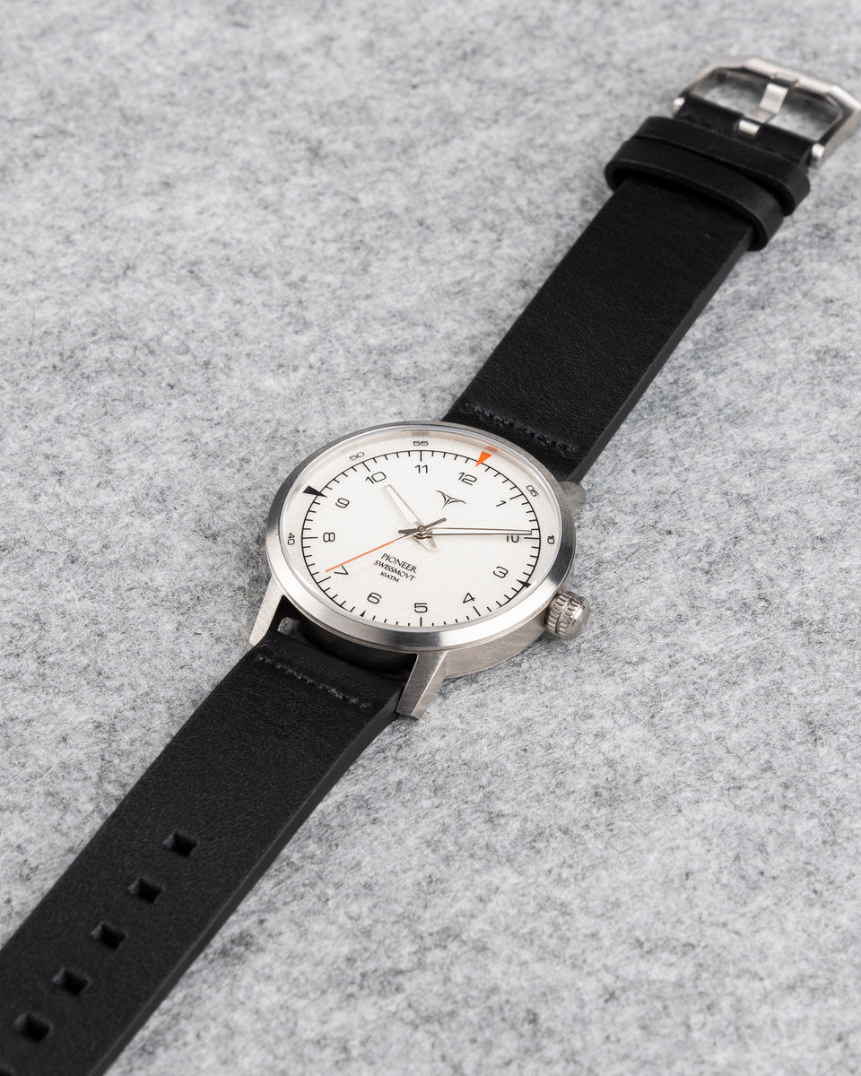 White dial Swiss Made quartz watches V-Pioneer with Black Horween Leather Straps | Vstelle Watch