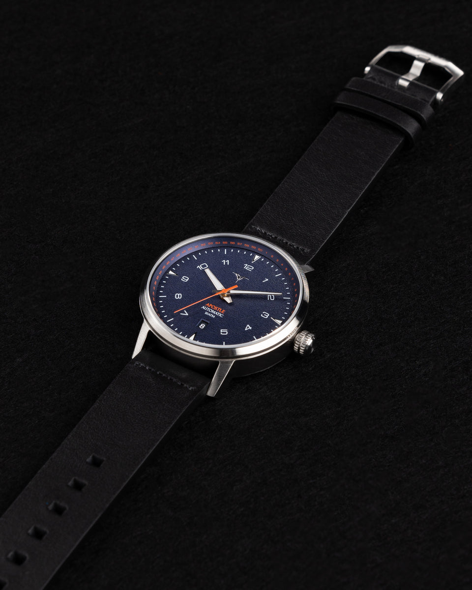 Blue dial automatic watches V-Apostle for men with Black Horween Leather Straps | Vstelle Watch