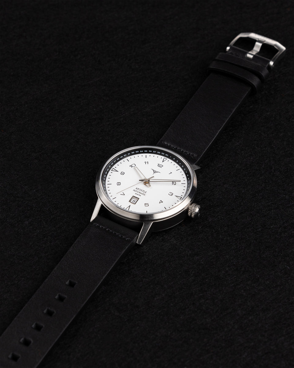 White dial automatic watches V-Apostle with Black Horween Leather Straps | Vstelle Watch