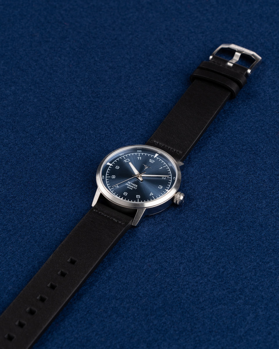 Sunray Blue Dial Watches V-Pioneer with Black leather straps | Vstelle Watch