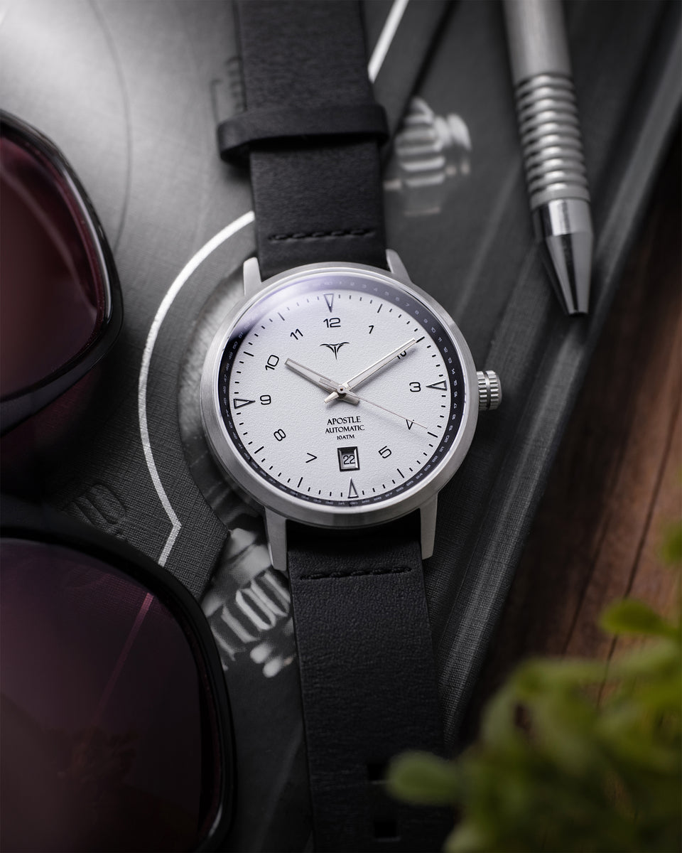 White dial automatic watches V-Apostle with Black Horween Leather Straps | Vstelle Watch